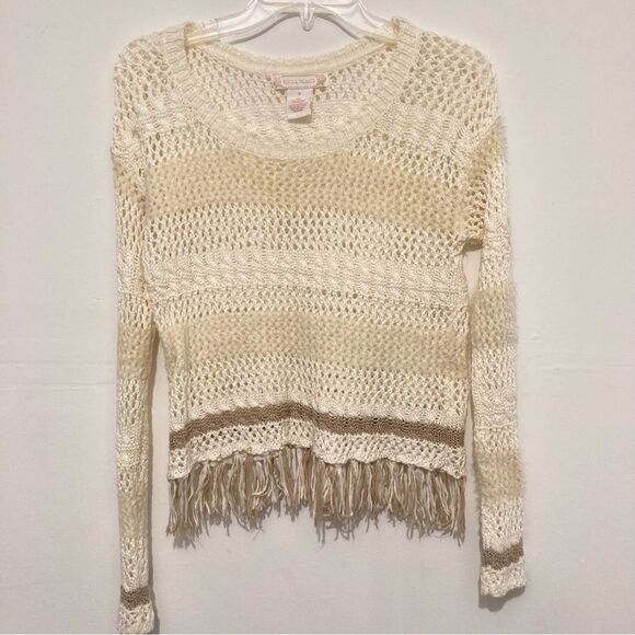 Flying Tomato Knit Crochet Sweater Fringe Scoop Neck Cropped Women’s Small Cream - Picture 1 of 7